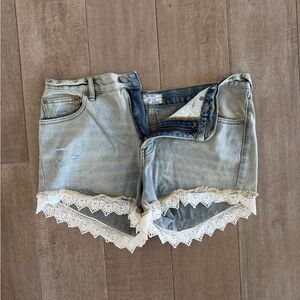 Free People Light Blue Denim Shorts with White Lace Trim
